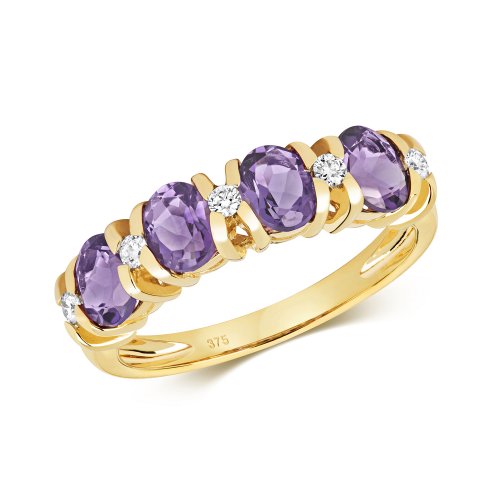 Diamond & Amethyst Oval Xx Design Half Eternity Ring In 9ct Gold 