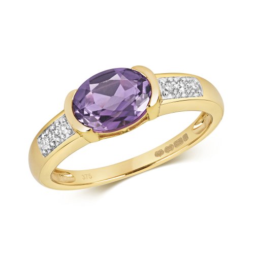 Diamond & Amethyst Oval With Grain Set Shoulders Ring In 9ct Gold 