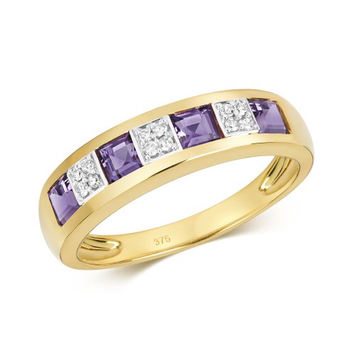 Diamond & Amethyst Square And Grain Set Half Eternity Ring In 9ct Gold 