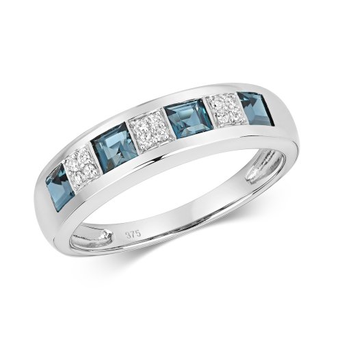 Diamond & London Blue Topaz Square And Grain Set Eternity Ring In 9ct White Gold 