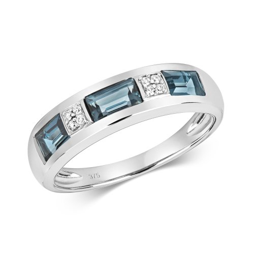 Diamond & London Blue Topaz Baguette And Grain Set Half Eternity Ring In 9ct White Gold 