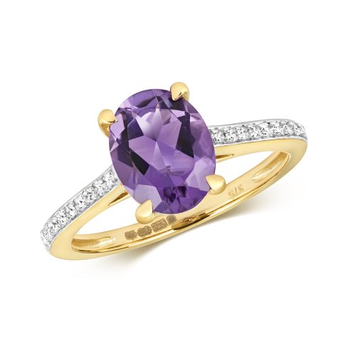 Diamond & Amethyst Oval With Grain Set Shoulders Ring In 9ct Gold 