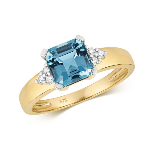 Diamond & Light Swiss Blue Topaz Asscher Cut With Traingular Sides Ring In 9ct Gold 