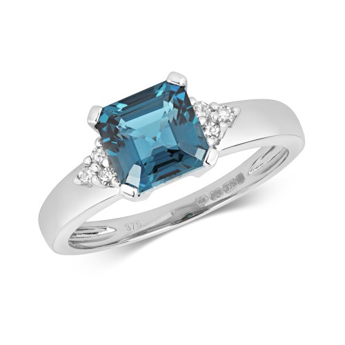 Diamond & London Blue Topaz Asscher Cut With Traingular Sides Ring In 9ct White Gold 