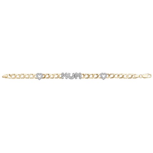 9ct Gold Cz Mum And Double Heart Bracelet 