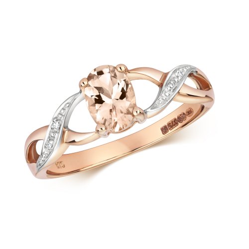 Diamond & Morganite Oval With Grain Set Plaited Shouders Ring In 9ct Gold 