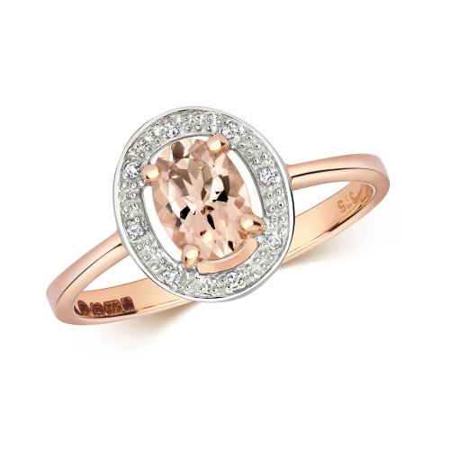 Diamond & Morganite Oval Halo Ring In 9ct Rose Gold 