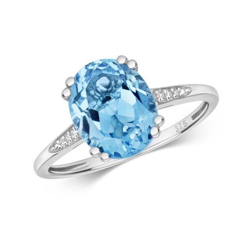 Diamond & Swiss Blue Topaz Oval With Set Shoulders Ring In 9ct White Gold 