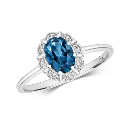 Diamond & London Blue Topaz Oval Deco Style Cluster Ring In 9ct Gold 