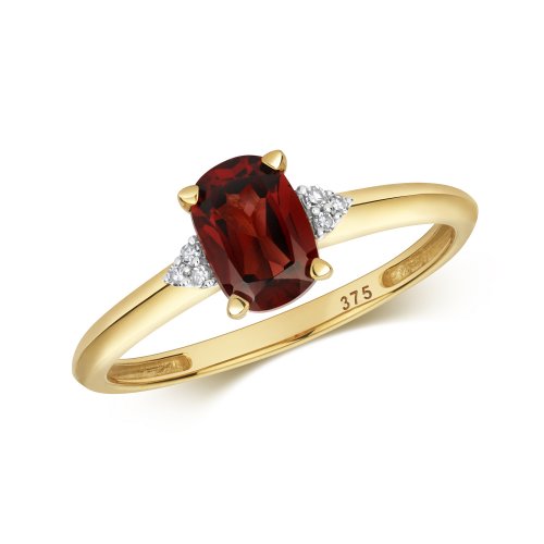 Diamond & Garnet Cushion With Traingular Sides Ring In 9ct Gold 