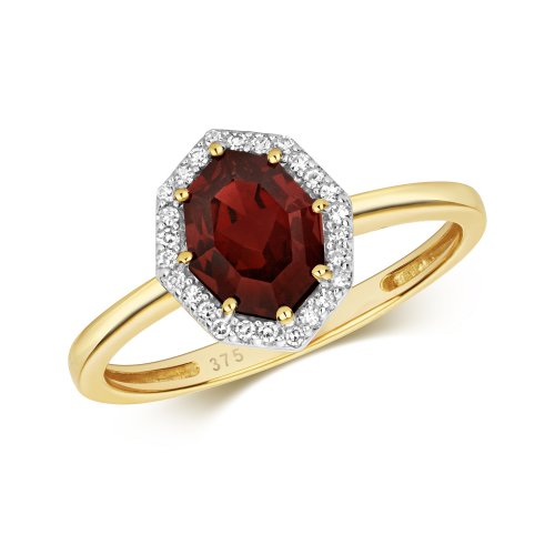 Diamond & Garnet Octagon Cluster Ring In 9ct Gold 
