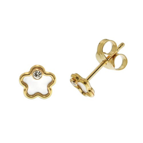 9ct Gold Mother Of Pearl And Cz Flower Studs 