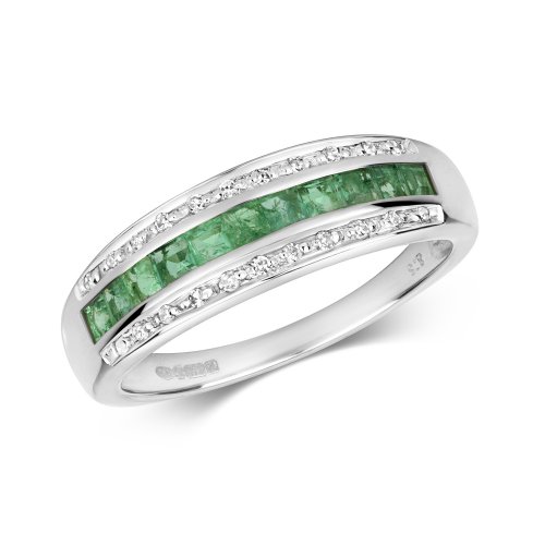 Diamond & Emerald Princess Cut Band In 9ct White Gold 