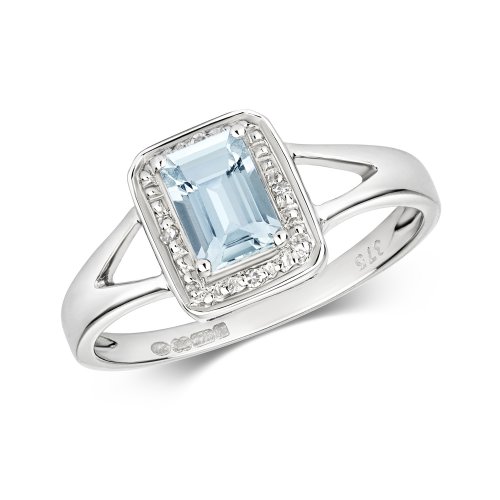 Diamond & Aquamarine With Split Shoulders Ring In 9ct White Gold 