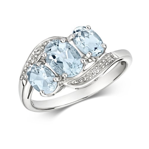 Diamond & Aquamarine Trilogy Wave Ring In 9ct White Gold 