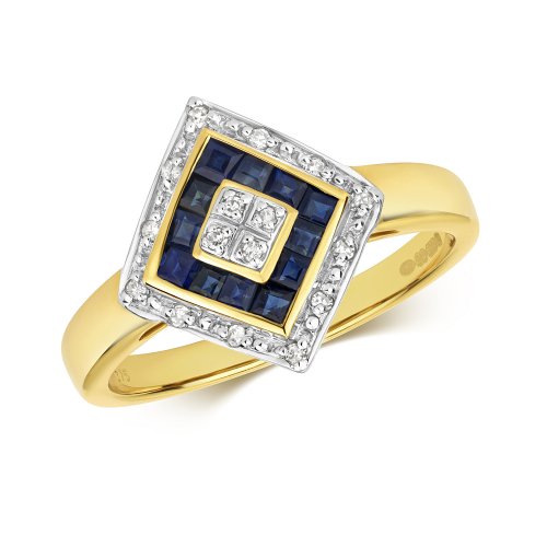 Diamond & Sapphire Princess Cut Losange Ring In 9ct Gold 