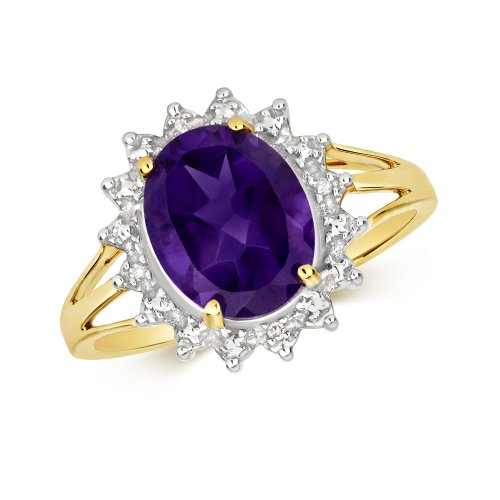 Diamond & Amethyst Cluster Ring In 9ct Gold 