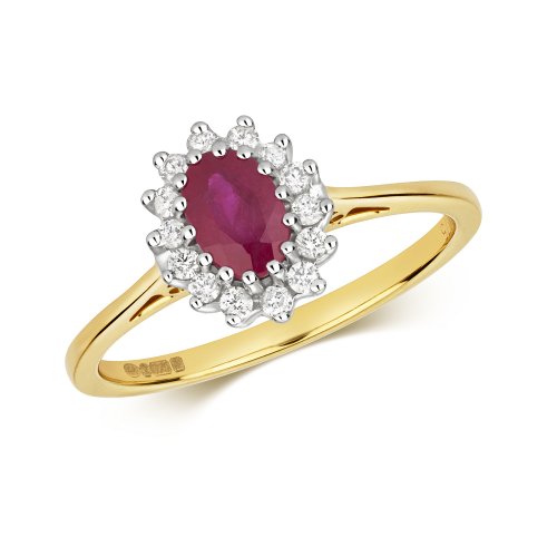 Diamond & Ruby Oval Cluster Ring In 9ct Gold 