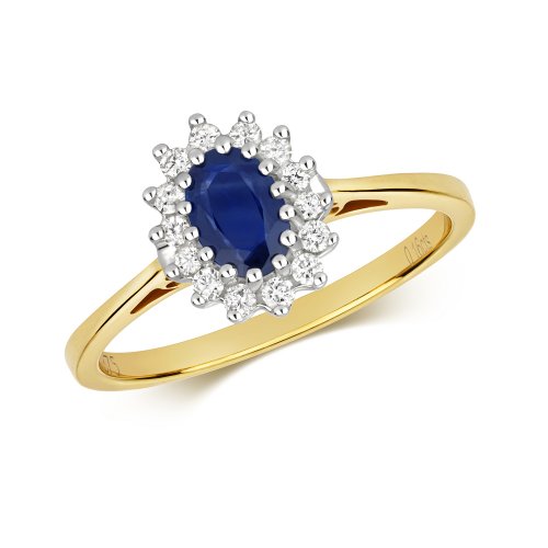 Diamond & Sapphire Oval Cluster Ring In 9ct Gold 