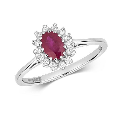 Diamond & Ruby Oval Cluster Ring In 9ct White Gold 