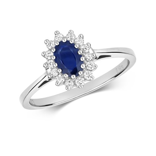 Diamond & Sapphire Oval Cluster Ring In 9ct White Gold 