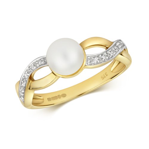 Diamond & Fresh Water Pearl Plaited Ring In 9ct Gold 