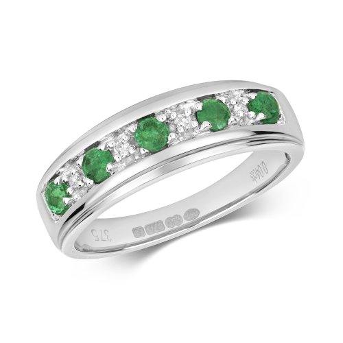 Diamond & Emerald Half Eternity Ring In 9ct White Gold 