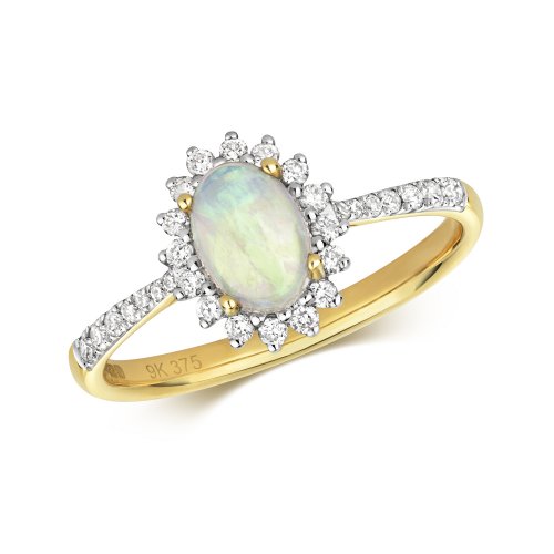 Diamond & Opal Oval Cluster Set Shoulders Ring In 9ct Gold 