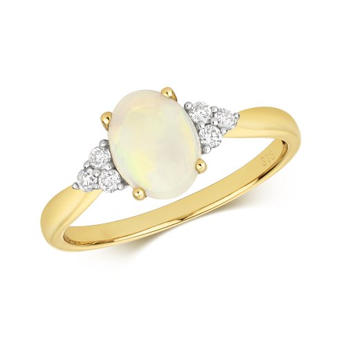 Diamond & Opal Oval With Triangular Sides Ring In 9ct Gold 