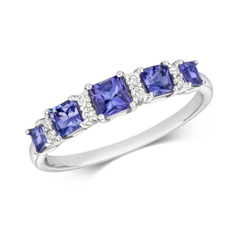 Diamond & Tanzanite Square 5 Stone Ring In 9ct White Gold 