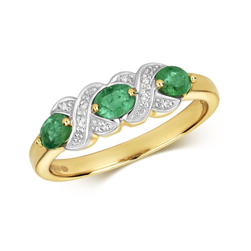 Diamond & Emerald Oval Xx Design Trilogy Ring In 9ct Gold 