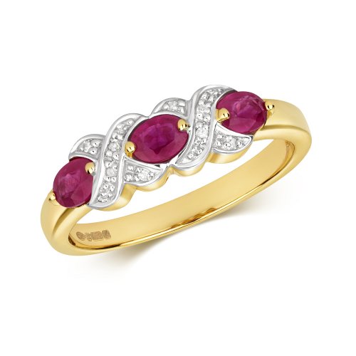 Diamond & Ruby Oval Xx Design Trilogy Ring In 9ct Gold 