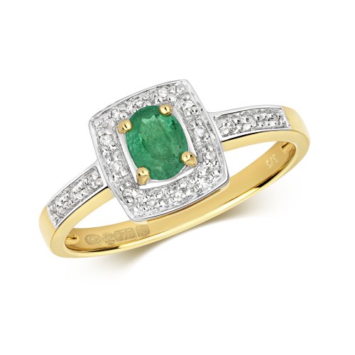 Diamond & Emerald Square Set Shoulders Ring In 9ct Gold 