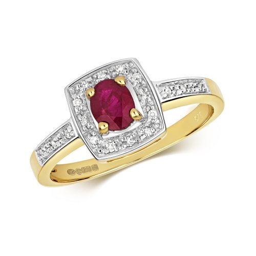 Diamond & Ruby Square Set Shoulders Ring In 9ct Gold 