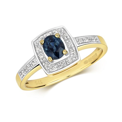 Diamond & Sapphire Square Set Shoulders Ring In 9ct Gold 