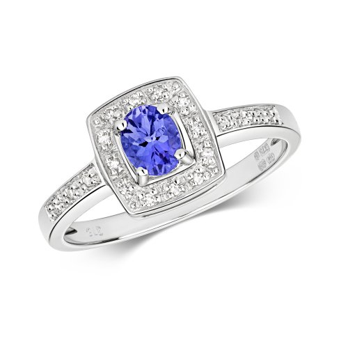 Diamond & Tanzanite Square Set Shoulders Ring In 9ct White Gold 