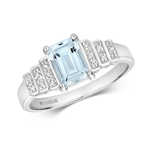 Diamond & Aquamarine Octagon With Step Shoulders Ring In 9ct White Gold 