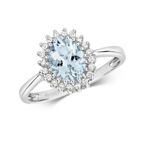 Diamond & Aquamarine Oval Cluster Ring In 9ct White Gold 