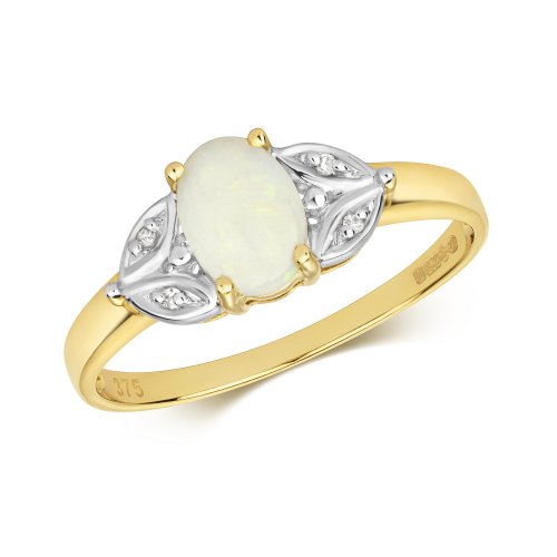 Diamond & Opal With Leaf Design Shoulders Ring In 9ct Gold 