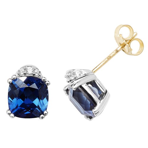 9ct Gold Cushion Created Sapphire And White Sapphire Studs 