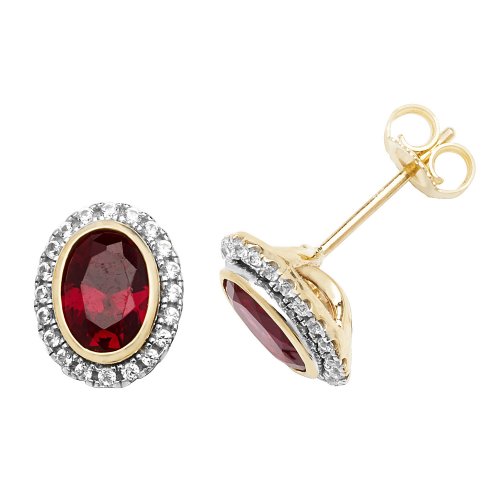 9ct Gold Oval Created Ruby And White Sapphire Studs 