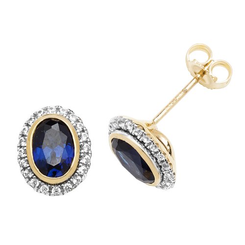 9ct Gold Oval Created Sapphire And White Sapphire Studs 