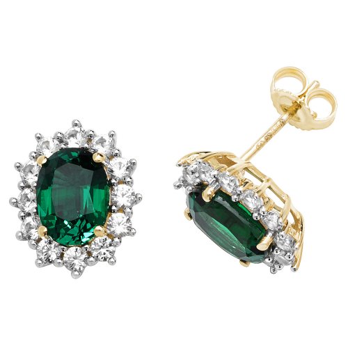 9ct Gold Oval Created Emerald And White Sapphire Studs 