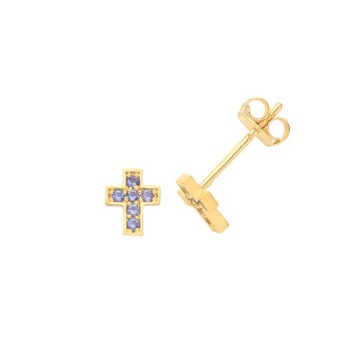 9ct Gold Blue Cz Cross Studs 