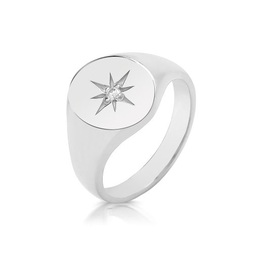 Silver Gents Oval Diamond Signet Ring 