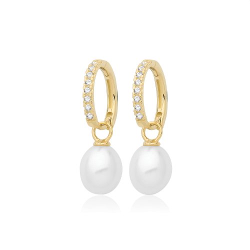 9ct Gold Cz Pearl Drop Hoops 