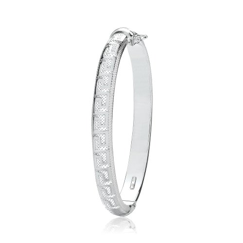 Silver Ladies' Oval Greek Design Hinged Bangle 