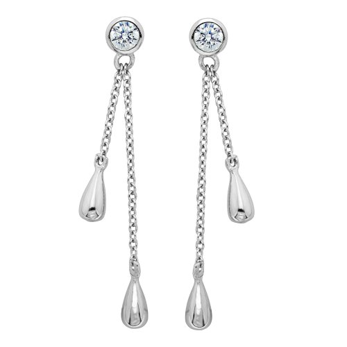 Silver Cz Bezel Double Tear Chain Drops 