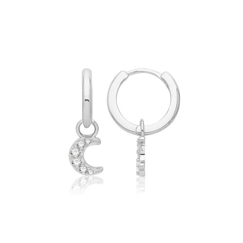 Silver Rhodium Plated Moon Clicker Earrings 