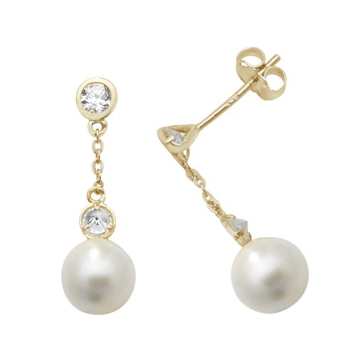 9ct Gold Double Cz Bezel And Pearl Chain Drops 